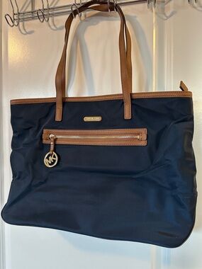 Michael Kors Navy and Brown Leather-Trim Tote